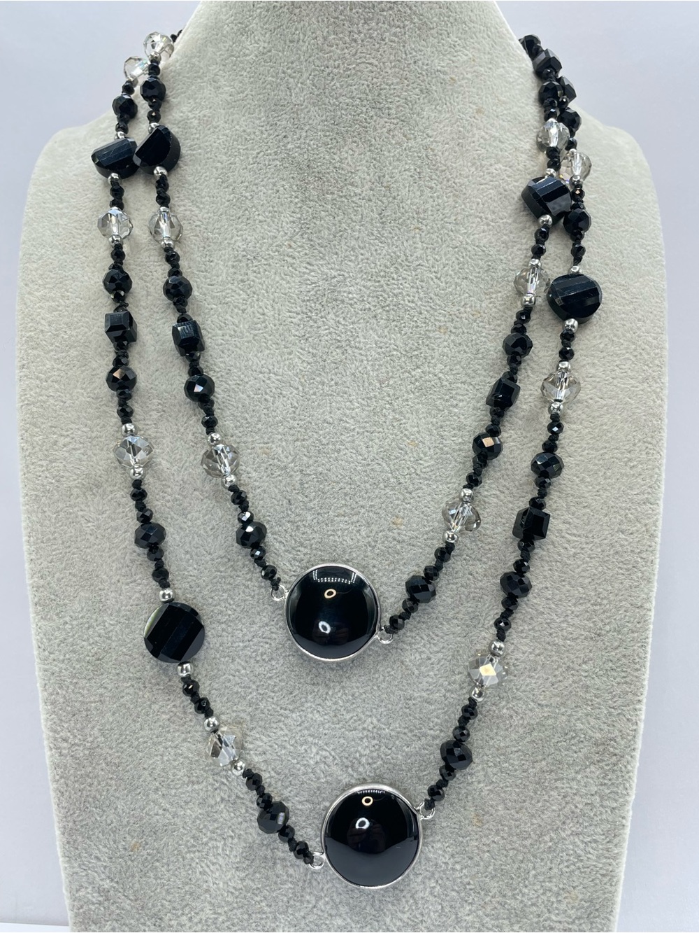 Black Crystal Glass Beaded Long Necklace Silver Tone Layering Boho Y2K